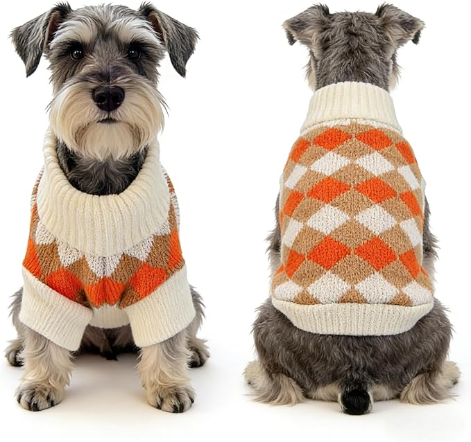 Small Dog Cold Weather Sweaters – Warm Knit Turtlenecks, Cozy Pet Pullovers Dog Clothes with Leash Hole for Chihuahua Bulldog Pug Beagles (Orange/Beige, X-Large)