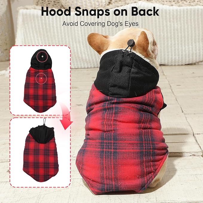Fleece Lining Dog Hoodie for Large Dogs Extra Warm Plaid Sweater with Drawstring Hooded Coats in Winter Doggie Jacket,Red XXXL