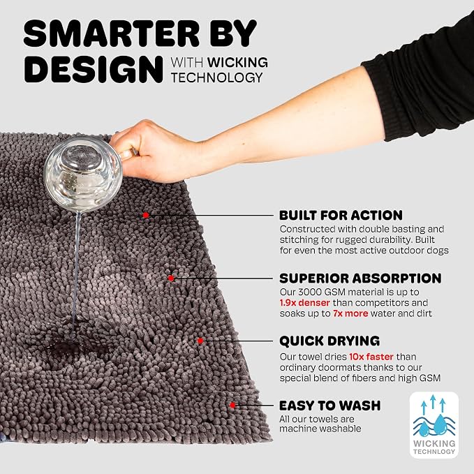 Dog Gone Smart Dirty Dog Doormat - Super Absorbent Polyamide Rug Pulls in Moisture & Dirt - Fast Drying for Clean Floors, Non-Slip, Machine Washable Mat for Muddy Paws - Grey, 23 x 16 Inches