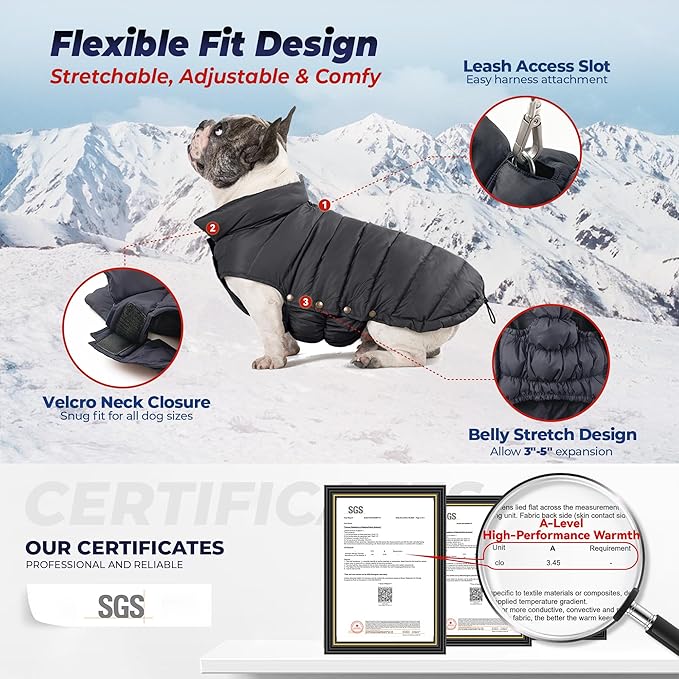 SPACE LION Dog Puffer Jacket, Down Winter Coat, Durable Outdoor Coat for Cold and Windy Conditions, Lightweight & Adjustable Fit Coats for Small & Medium Dogs, (Black, Size12/M)