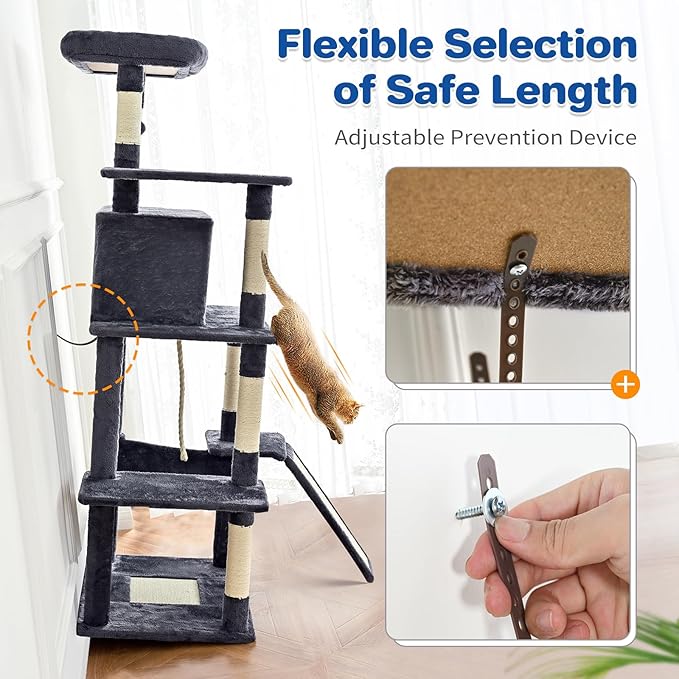 ABCPET Cat Tree Tower 63in Multi-Level Cat Tower for Indoor Cats with Sisal Scratching Posts, Condo, Hammock, Dangling Ball and Extended Platform for Cats to Play, Beige