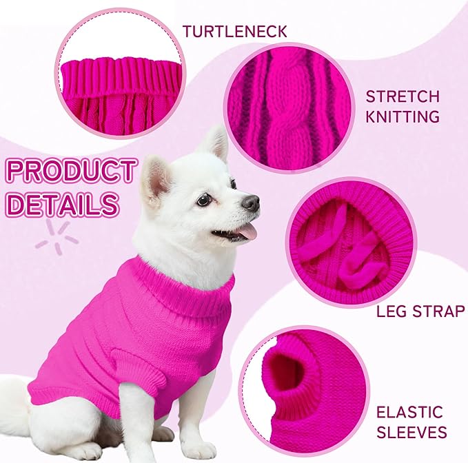 Knitted Dog Sweater for Mini/Small Dogs, Pullover Turtleneck Pet Sweaters, Winter Dog Clothes, Warm Soft Winter Holiday Cat Sweater, Rose Red, XXS