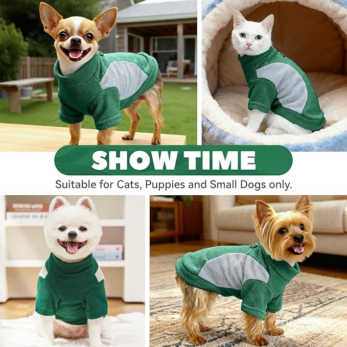 Small Fleece Dog Sweater with Leash Ring Soft Warm Fall Winter Dog Clothes Cute Cat Apparel Puppy Sweaters Classic Pullover Doggy Sweatshirts Chihuahua Costumes Cat Outfits(Green,L)