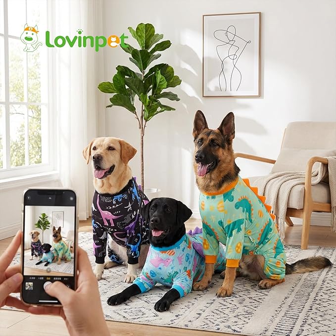 LovinPet Large Dog Pajamas, Four-Leg Stretch Onesie Bodysuit, Lightweight UV-Shielding Pajamas, Anti-Lick Calming Recovery Suit for Surgery, Pull-On for Medium and Large Breeds， Black， 3XL