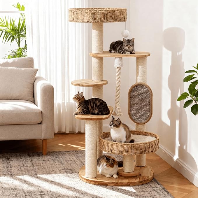 JLDUQKUM Wooden Cat Tree for Large Cat, Tall Cat Tower with Scratching Post for Indoor Cats, Multi-Level Cat Condo with Hand-Woven Cat Bed and Scratching Board Easy to Clean (48IN)