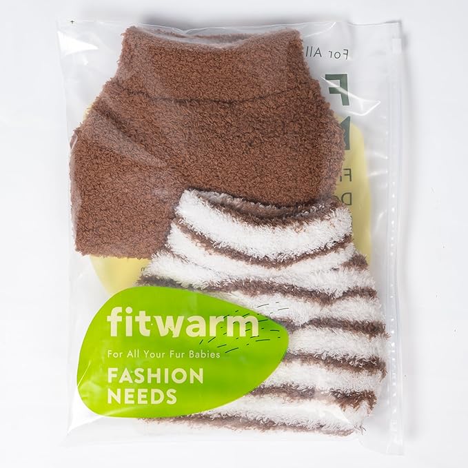 Fitwarm 2 Pack Striped Fleece Dog Sweater, Warm Winter Clothes for Small Dogs Boy Girl, Fuzzy Pet Outfit, White, Brown, Medium