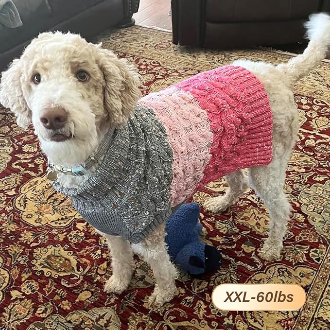 KYEESE Dog Sweater Color Block with Fuzzy Thread Knitted Turtleneck Knitwear with dots in a Variety of Colors Dog Sweater for Large Dogs Fall Winter Dogs Clothes, Pink, XXL