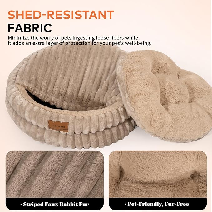 CHEERPALS Cat Cave Bed for Indoor Cats, Washable Covered Cat Bed Hooded Kitty Bed Soft Fluffy Pet Bed for Puppy and Small Dog(Khaki)