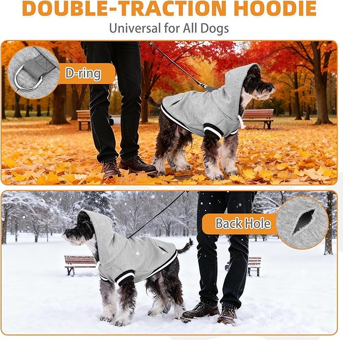 KOOLTAIL Dog Hoodie with Leash Hole & D-Ring, Thick Fleece-lined Winter Fall Warm Dog Clothes Cold Weather Coats, Soft Pet Sweater Sweatshirt for Small Medium Large Sized Dogs Puppy Boys Girls, Grey M