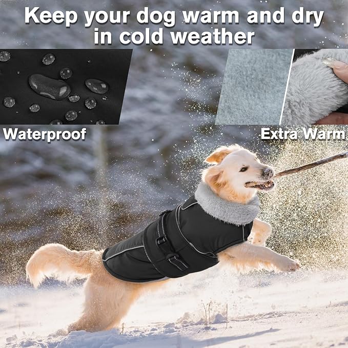 Lelepet Warm Dog Coats for Large Dogs Waterproof Dog Jacket Reflective Pet Fleece Vest Windproof Cold Weather Coats with Adjustable Buckle & Leash Hole, Black, XL