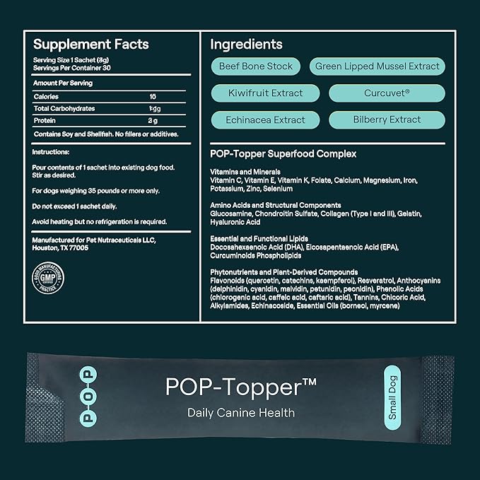 POP-Topper Dog Food Meal Toppers – Multivitamin Powder for Dogs Under 35 lbs - Delicious Bone Broth Base with 6 Human-Grade Superfoods - Supports Joints, Gut, Skin & Coat - 30 Packets