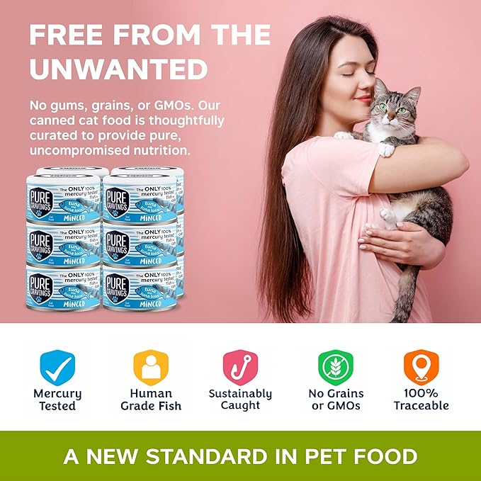 Pure Cravings Minced Tuna and Tuna Loin Wet Canned Cat Food, 100% Mercury-Tested, Moist Can Fish for Cats, Grain-Free, Protein, Non-GMO, 3oz, Pack of 12
