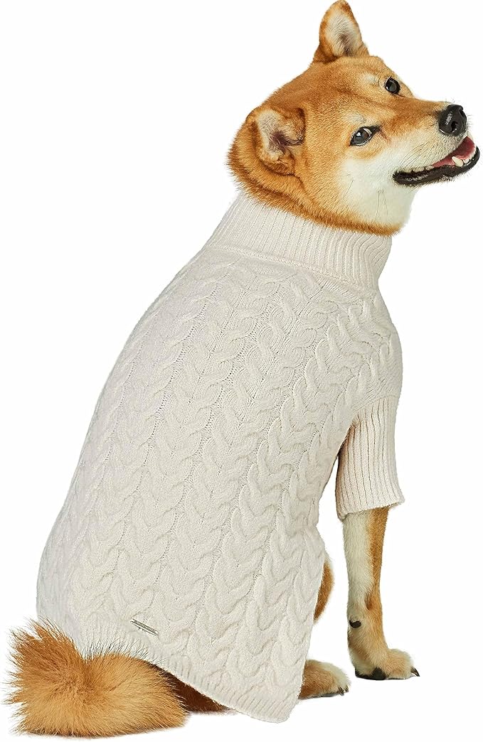 Blueberry Pet Classic Fuzzy Textured Knit Pullover Turtle-Neck Dog Sweater in Ivory, Back Length 14", Pack of 1 Clothes for Dogs