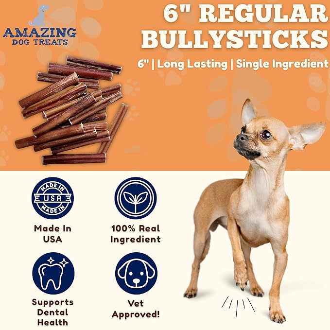 Amazing Dog Treats - 6 Inch Medium Size Bully Sticks (40 Count) - Bulk Bully Sticks for Dogs - No Hide Bully Stick Dog Bones