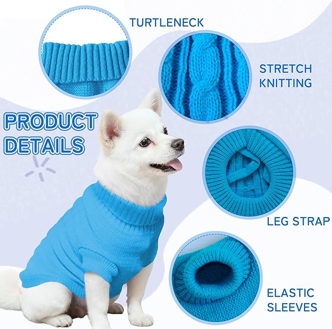 Knitted Dog Sweater for Small Dogs, Pullover Turtleneck Pet Sweaters, Winter Dog Clothes, Warm Soft Winter Holiday Cat Sweater, Blue, XS