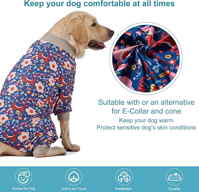 LovinPet Pit Bull Pajamas Large Dogs PJS - Tiger Garden Blue and Pink Print/Lightweight Stretchy Knit Big Dog Pullover Jammies, Large Breed Dog Pajamas, Pet PJ's, L
