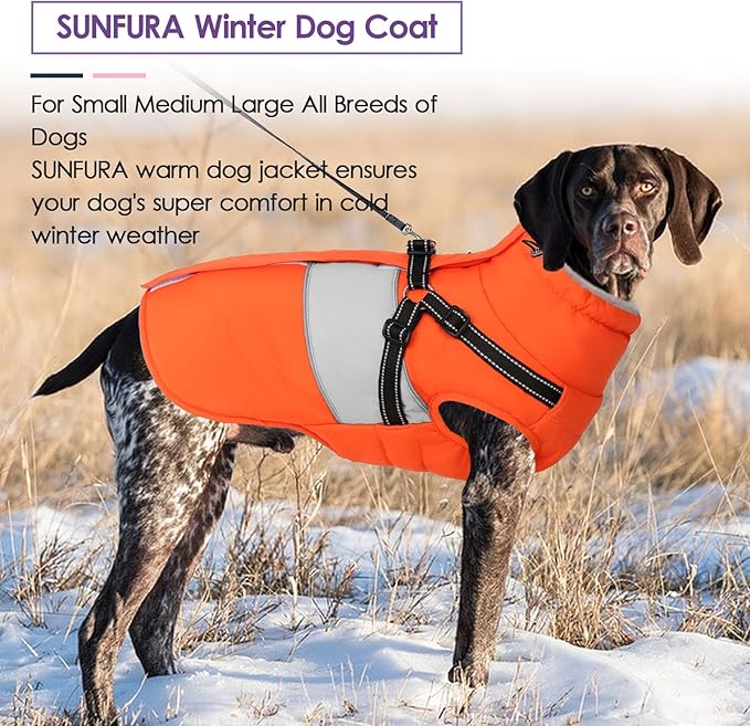 SUNFURA Dog Jacket, Large Dog Coat with Harness Built in, Warm Pet Winter Jacket Zippered Snow Coat with Furry Collar, Waterproof Fleece Snowsuit for French Bulldog, Orange L