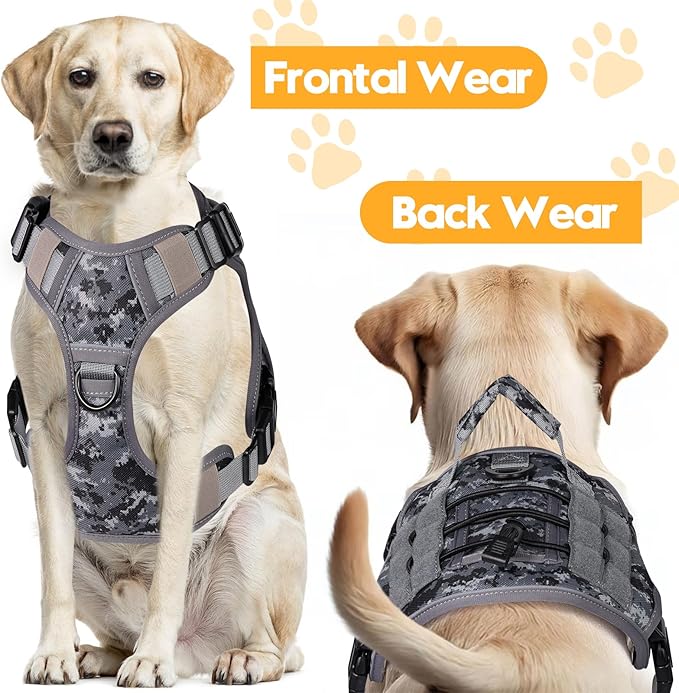 Heavy-Duty Tactical Dog Harness for Large Dogs, No Pull Adjustable Reflective Pet Vest with Molle System, K9 Military-Grade Control for Service Training, Outdoor & 10+ Breeds, Gray Camo, Small