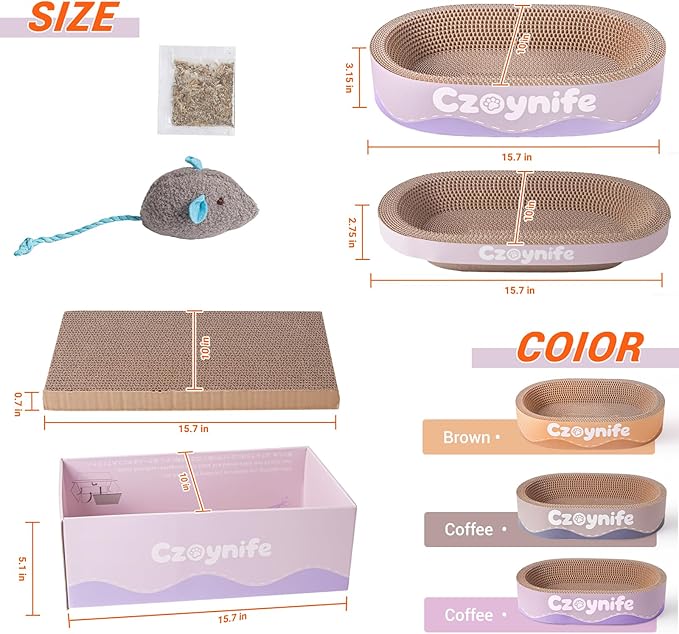 Czoynife 3PCS Cat Scratcher Cardboard, Oval Cat Scratch Pad Bowl Nest for Indoor Cats, Round Cat Scratching Board Corrugated Lounge Cat Bed, Furniture Protector for Couch (Purple, 15.7 * 10 in)