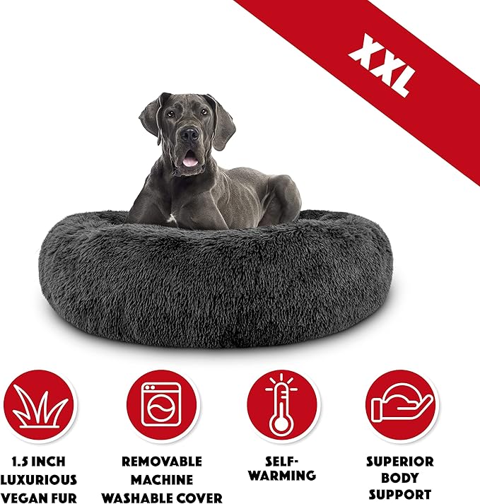 The Dog’s Bed Sound Sleep Donut Dog Bed, XXL Grey Fur Calming Nest Bed Removable Cover, Veterinary Approved