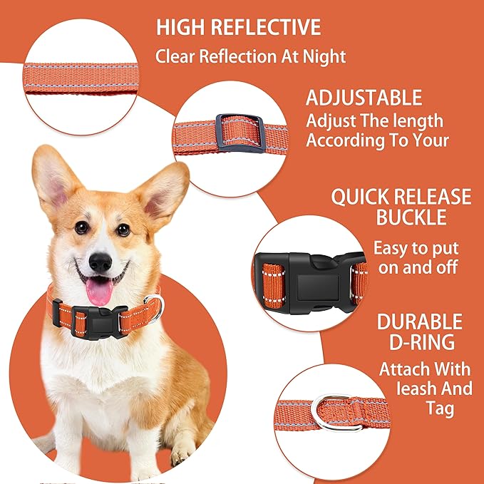 Reflective Dog Collar with Safety Locking Buckle, Adjustable Soft Breathable Nylon Collars for Small, Medium and Large Dogs(Collar+Leash XL Orange)