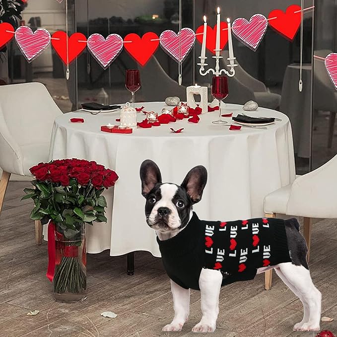 Valentines Dog Sweater, Dog Valentines Clothes Outfit Knitted Sweaters for Small Medium Large Dogs Pets (Black Love, Large)
