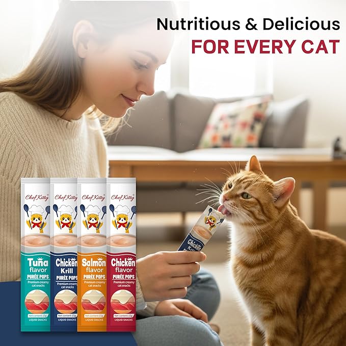 Chef Kitty Purée Pops, Cat Treats, Grain-Free, Lickable, Squeezable Creamy Cat Treat/Topper with Vitamin E & Taurine, 0.5 Ounces Each Tube, 10 Tubes, Chicken and Seafood Mix Variety