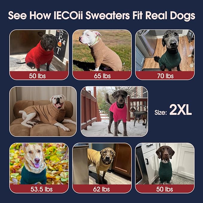 IECOii XXL Dog Sweater,Thermal Knit Big Dog Sweater with Sleeve,Pet Turtleneck Doggy Sweatshirt for Extra Large Dogs Boy Girl,Stretchy Large Dogs Cold Weather Outfit Pitbull Clothes,(Caramel,XXL)
