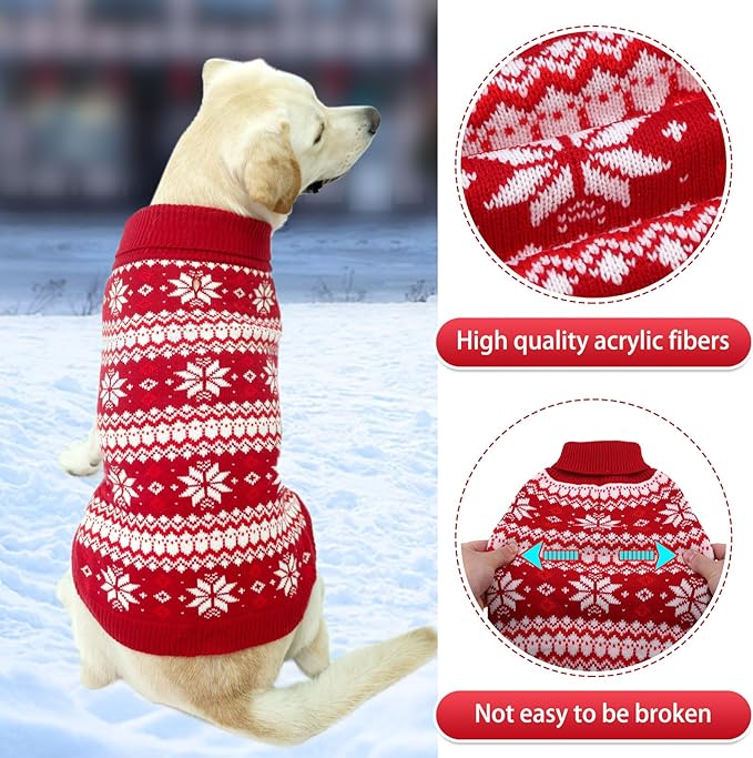 KOOLTAIL Cable Knit Dog Sweater Turtleneck, Cold Weather Pullover Classic Knitwear, Snowflake Pattern Thick Warm Winter Pet Clothes, Dog Christmas Sweater for Small Medium Large Dogs, Red ML