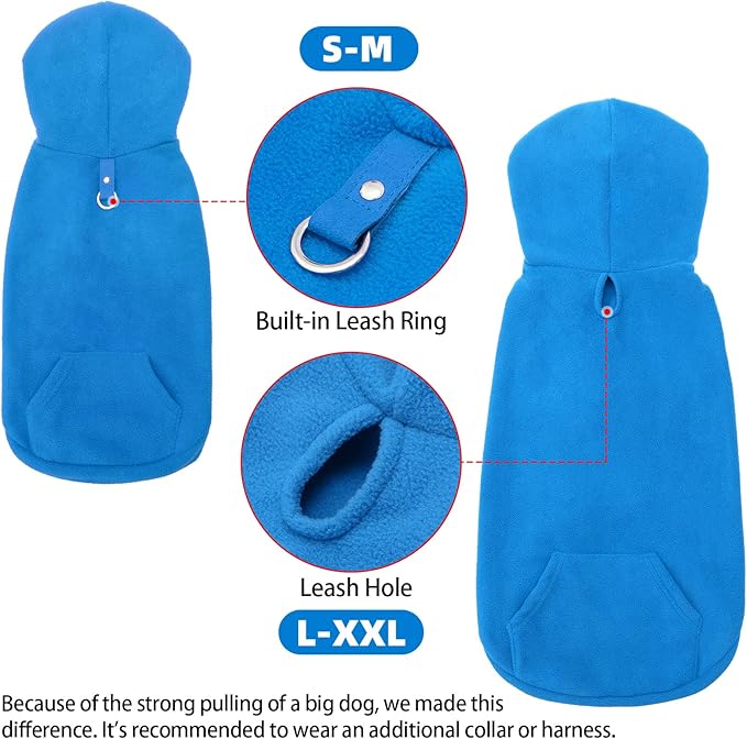 EXPAWLORER Dog Hoodie Fleece Sweater Vest, Hooded Dog Sweatshirt Fall Winter Pet Clothes with Leash Hole, Sleeveless Warm Cozy Puppy Clothing for Cat Small Medium Large Dogs Girl Boy, Blue L