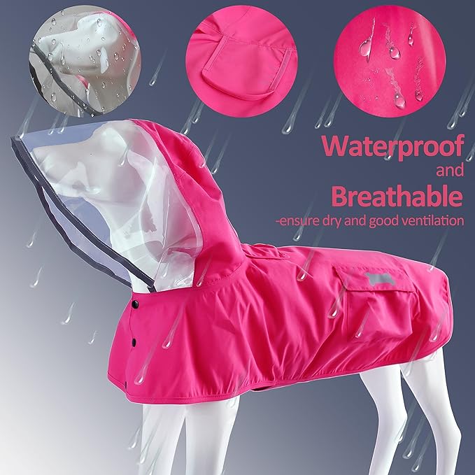 Waterproof Dog Raincoat, Adjustable Reflective Lightweight Pet Rain Clothes with Poncho Hood (Large, Dark Pink)