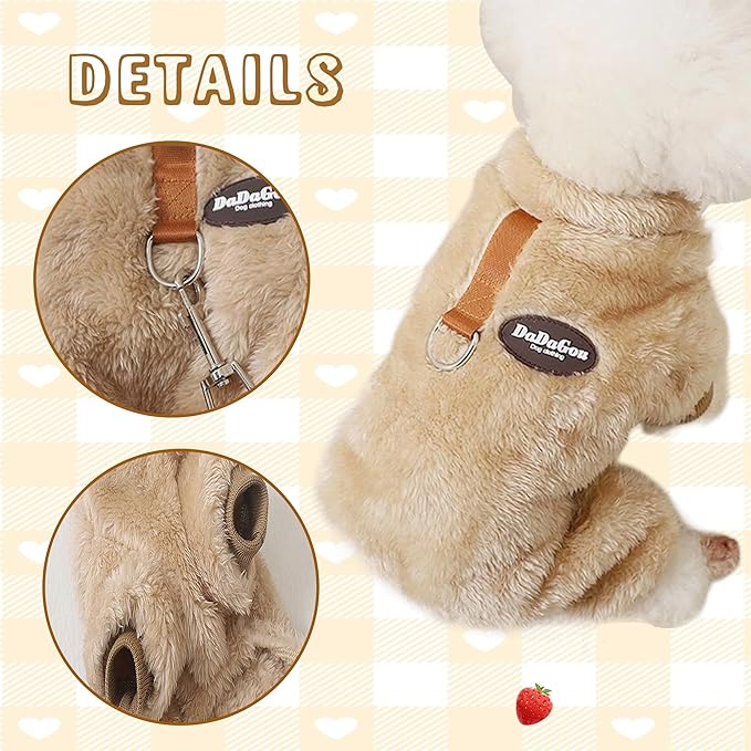 Fleece Small Dog Sweater Jumpsuit with Pull Ring | Stretchy 4-Leg Warm Onesie | Winter Clothes for Dogs and Cats (Khaki, X-Large)