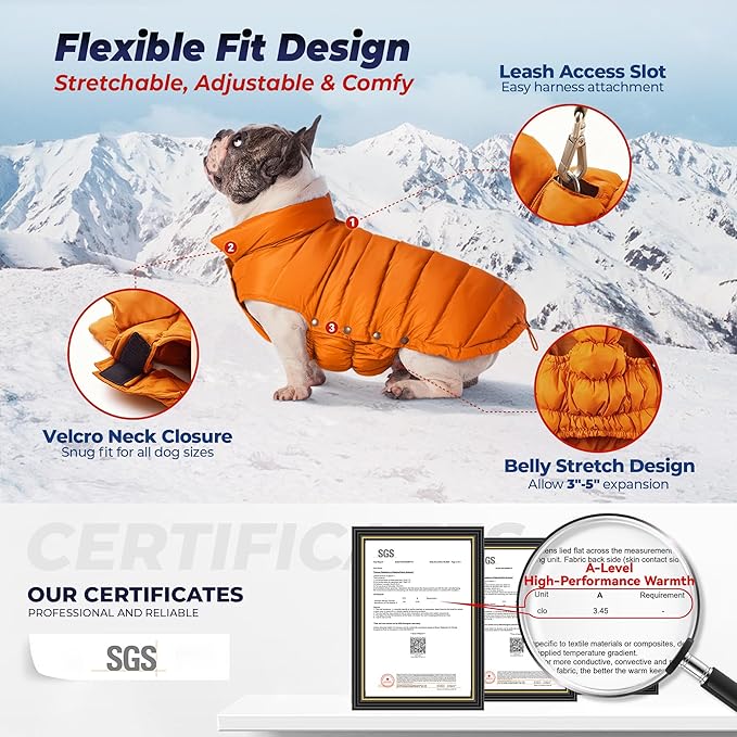 SPACE LION Dog Puffer Jacket, Down Winter Coat, Durable Outdoor Coat for Cold and Windy Conditions, Lightweight & Adjustable Fit Coats for Small Dogs, (Orange, Size 10 Gift Box)