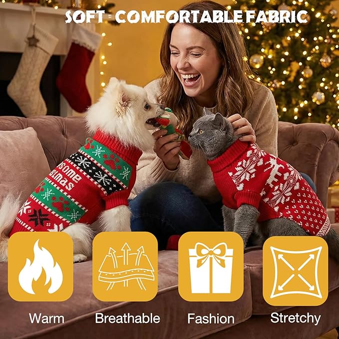 2 Pack Dog Cat Sweaters Size M - Warm Knit Pet Sweater Bundle for Small Dogs Cats 5-7kg, Soft Turtleneck Winter Pet Clothes with Colorful Patterns, Pullover Apparel for Puppies Kittens Small Pets