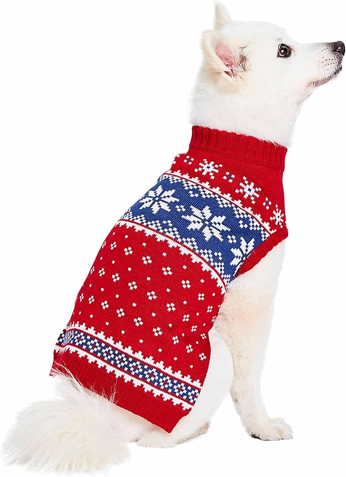 Blueberry Pet Christmas Snowflake Dog Sweater in Festive Red, Back Length 14", Pack of 1 Clothes for Dogs