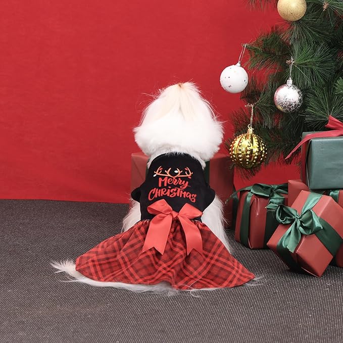 CuteBone Christmas Dog Dresses Velvet Holiday Small Dogs Clothes Onesie Pet Apparel Girl Puppy Skirt with Bow Hair Rope CVA59XS-D