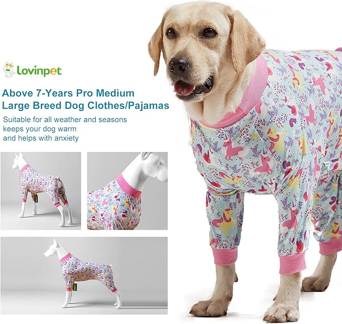 LovinPet Large Breed Dog Pajamas Onesie, Lightweight Stretchy Knit Dog Jammies, Unicorn Seafoam Print, Stop Shedding for Dogs, Pet Pajamas for Dogs, Pet PJ's, 2XL