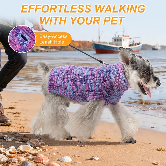 BEAUTYZOO Small Dog Sweater -Turtleneck Pullover Classic Cable Knit Fuzzy Winter Coat Dog Cold Weather Clothes for Small Medium Dogs Puppy Girl Boys(Multi-Purple, S)