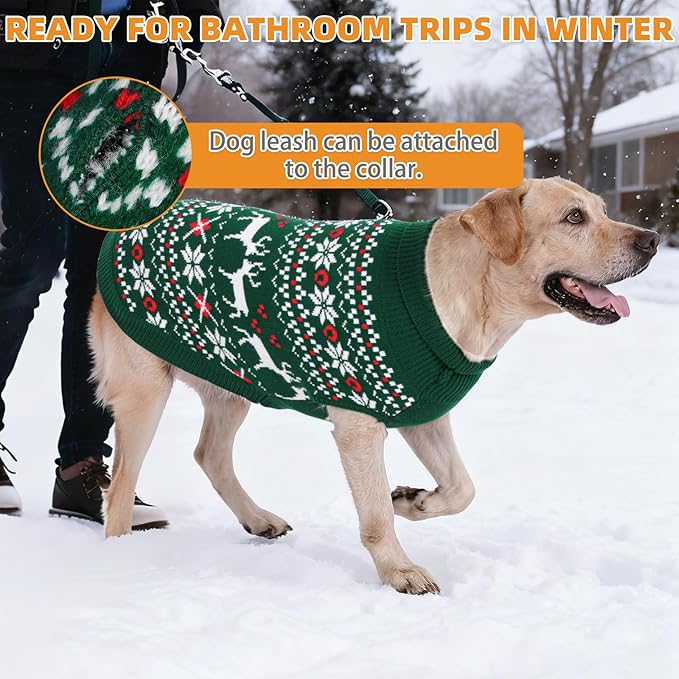 KOOLTAIL Christmas Dog Sweater, Cold Weather Pullover Classic Knitwear, Reindeer Snowflake Pattern Thick Warm Winter Pet Clothes, Cable Knit Sweaters for Small Medium Large Dogs Boy Girl, Green L/XL