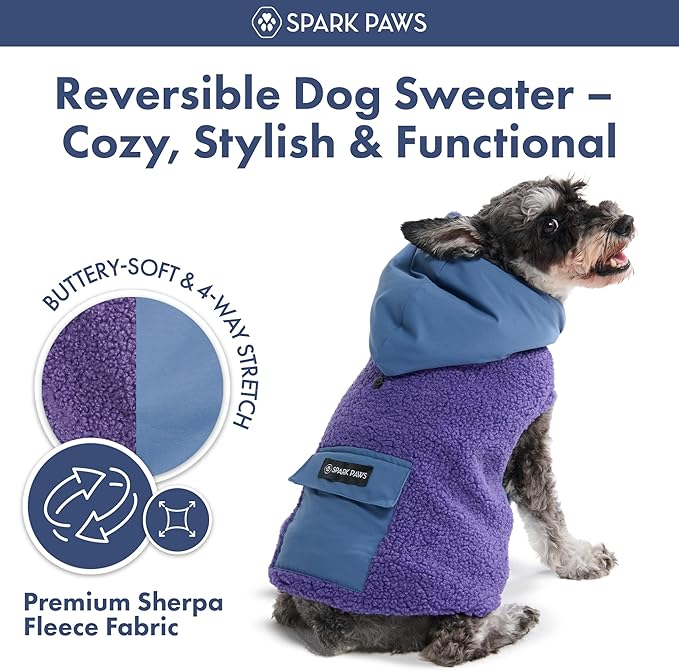 Spark Paws Reversible Fleece Dog Jacket, Hooded Sweater Vest, Warm Coat for Winter - Suitable for Small Medium Large XL XXL Dogs - Purple and Navy Blue - 2XL