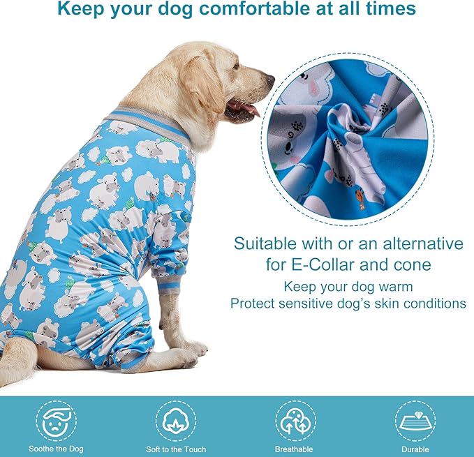 LovinPet Long Sleeve Dog Pajamas, Dog Onesie Large Breed, Pitbull Onesie, Slim Fit, Lightweight Pullover, Full Coverage Dog Pjs, Happy Hippo Blue Print, L