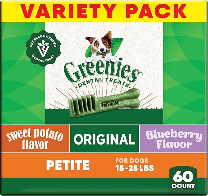 Greenies Veterinarian-Recommended Adult Natural Dental Dog Treats Petite Size, Fresh Flavor, Original Flavor, and Blueberry Flavor, (3) 12 oz. Packs, 60 Count