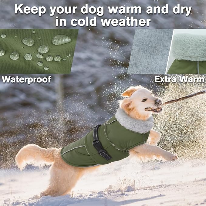 Lelepet Warm Dog Coat Reflective Fleece Vest Waterproof Dog Jacket with Adjustable Buckle Hook & Loop Windproof Cold Weather Coats for Small Medium Large Dogs, Army Green, S