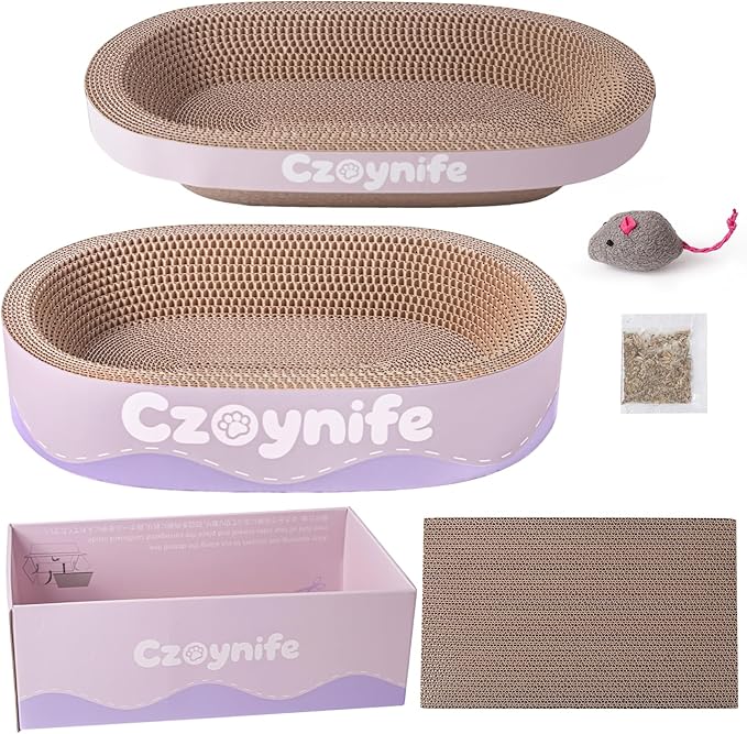 Czoynife 3PCS Cat Scratcher Cardboard, Oval Cat Scratch Pad Bowl Nest for Indoor Cats, Round Cat Scratching Board Corrugated Lounge Cat Bed, Furniture Protector for Couch (Purple, 15.7 * 10 in)