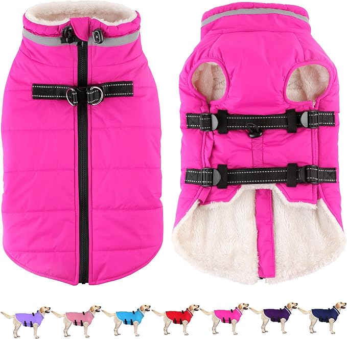 Dogcheer Dog Coat, Waterproof Dog Jacket with Harness, Reflective Adjustable Puppy Winter Coat with Zipper, Christmas Pet Snow Jacket Clothes for Small Medium Large Dogs - Pink XS