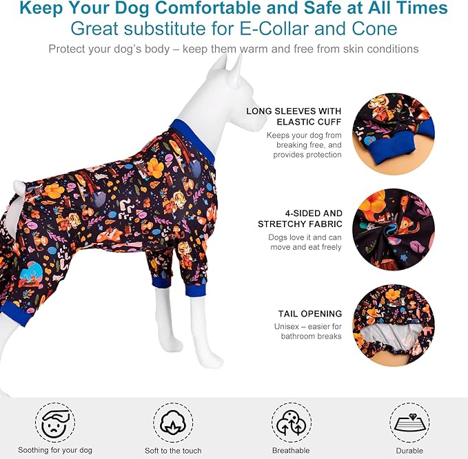 LovinPet Full Onesie for Large Dog, Lightweight Stretchy Fabric, Woodland Musicians Black Print, Pet Pajamas for Dogs, UV Protection, Lage Breed Dog Jammies, Pet PJ's, Pitbull Clothes, XL
