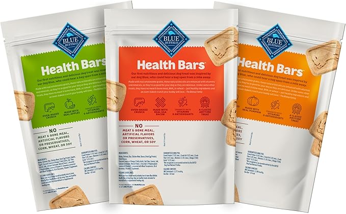 Blue Buffalo Health Bars Crunchy Dog Biscuits, Variety Pack, Bacon, Egg & Cheese, Apple & Yogurt, Pumpkin & Cinnamon, 16-oz Bags