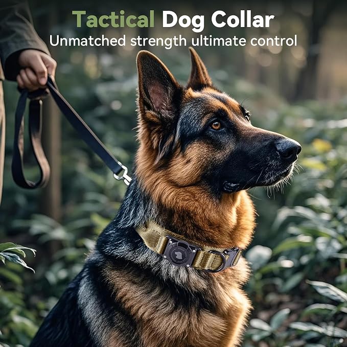 2026 Upgrade Waterproof Tactical AirTag Dog Collar, Built in AirTag Holder | Comfortable Control Handle, Quick Release Metal Buckle, Durable 1000D Nylon, For Medium to Large Dogs, Khaki, M