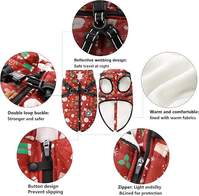 Aiboria Dog Jacket Windproof Fleece Dog Sweater with Padded Vest Chest Strap Harness Dogs Coat Christmas Red XL