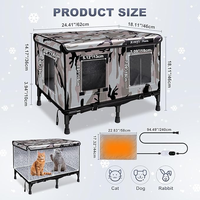 Heated Cat House for Outside in Winter, Weatherproof Insulated Outdoor Cat House with 2 Door & Elevated Base & Rain Coat, Feral Cat Shelter for Stray Cat (24"x18"x18")